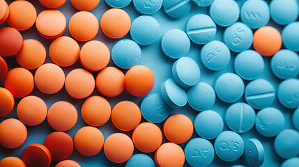 Pills Tablets Capsules Flatlays with Solid Background and Copy Space for Text