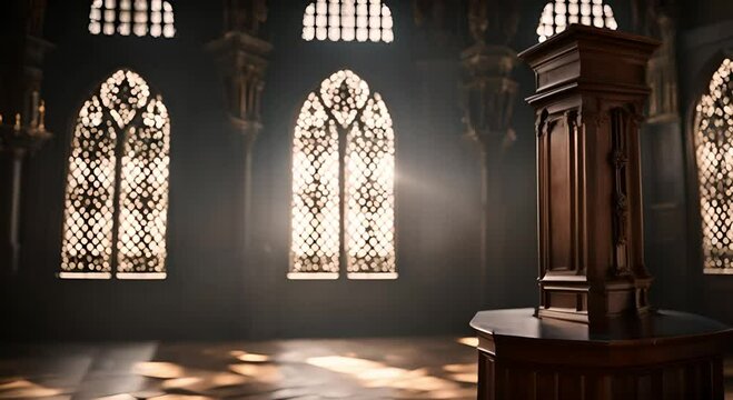 Gothic interior with wooden podium. wooden pulpit in a dark room with sunlight