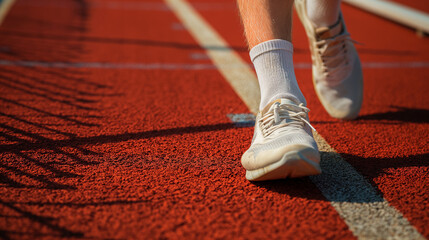 A person is running on a track with white socks and white shoes