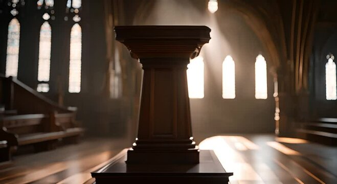 Gothic interior with wooden podium. wooden pulpit in a dark room with sunlight