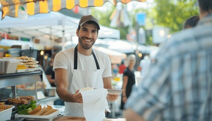Fototapeta premium A man in a white apron and cap is serving food at a food stall