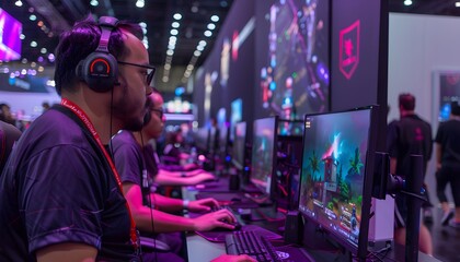 Obraz premium A man in a headset plays video games at a gaming competition