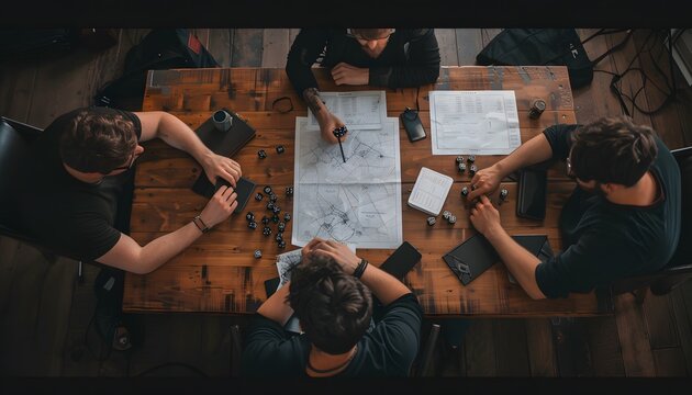 A group of people playing a tabletop game with dice and a map