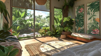 A guest room with a tranquil, nature-inspired theme, showcasing earthy tones, botanical prints, and a large window overlooking a lush garden.