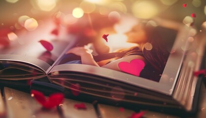 A photo album with blurry pictures of a couple, with hearts surrounding it