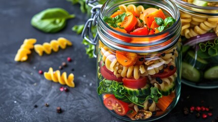 Vegetable snack pasta salad in jar concept for menu food background top view