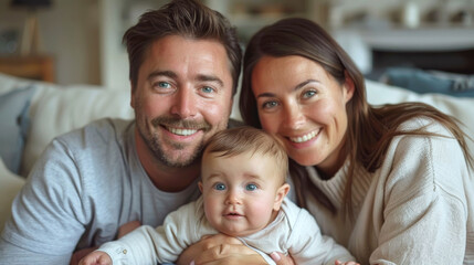 Fototapeta premium Smiling parents holding their adorable baby, capturing a heartfelt family moment in the comfort of their home