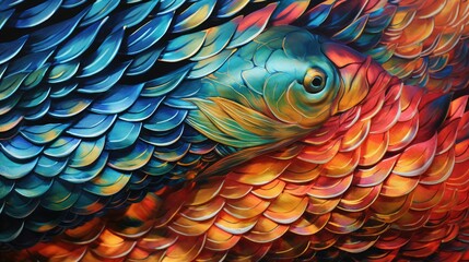 Fototapeta premium A hyperrealistic close-up of a koi fish's scales, showcasing the intricate patterns and iridescent colors in stunning detail.