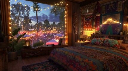 A guest room with a vibrant, festival theme, featuring a bed with colorful, ethnic bedding, string lights, boho decor, and a large window with a view of a lively street festival.