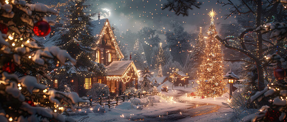 Warm Cozy Christmas Night Landscape Stars on the Sky and Big Christmas Tree with Copy Space