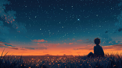Fototapeta premium Person sitting in a field at sunset looking at a starry night sky with clouds and glowing flowers Anime Lofi Style