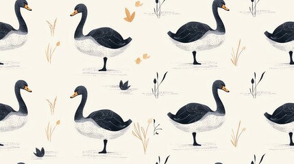 Stylish monochromatic hand-drawn wildlife seamless pattern featuring elegant swans and serene pond scenes