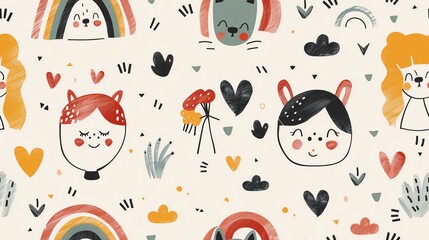 Whimsical hand-drawn LGBTQ seamless pattern, minimalist style in pastel hues