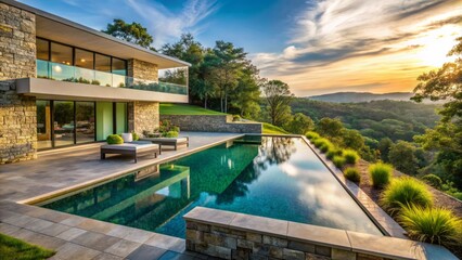 Fototapeta premium Serene upscale outdoor oasis features infinity pool, natural stone walls, lush greenery, and sleek modern architecture overlooking stunning landscape.