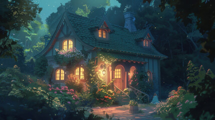 Fototapeta premium Enchanted cottage with warm lights and lush garden in a magical forest at dusk Anime Lofi Style