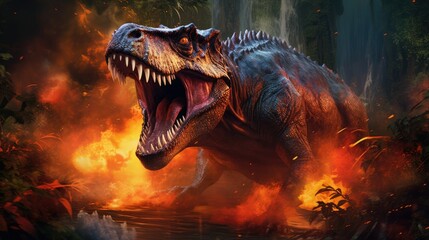 Naklejka premium A photorealistic Tyrannosaurus Rex roaring and breathing a stream of fire that illuminates the surrounding jungle at night