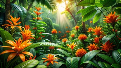 Vibrant orange blossoms and lush green foliage entwined in a tropical jungle sanctuary with scattered flowers in varying depths.