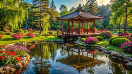 Obraz premium Serene landscape featuring tranquil Japanese garden with lush greenery, vibrant flowers, and intricate wooden gazebo in Moscow's calm atmosphere.