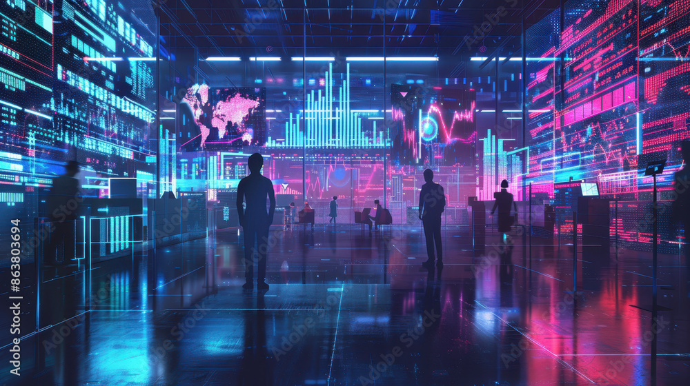 Aufkleber futuristic data analytics center with digital screens and silhouettes of people analyzing informatio