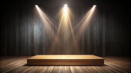 Elegant wooden podium with spotlight shining on a sleek, modern, empty stage for product demonstration or business presentation.