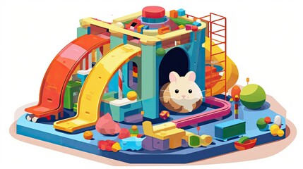 Obraz premium A pixel art illustration of a tiny hamster exploring its colorful cage filled with toys and tunnels.