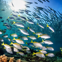 flock of young small school fish under water background ocean