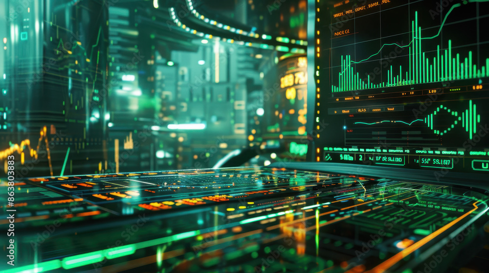 Poster futuristic digital interface with financial data, charts, and graphs in a high-tech environment