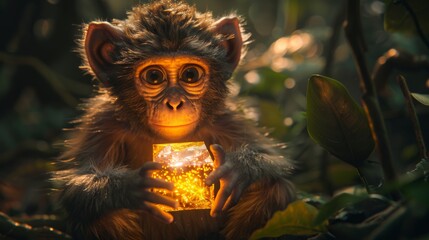 A monkey holding a small box in its hands with glowing eyes, AI