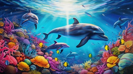 Fototapeta premium A playful pod of dolphins leaping and frolicking in the crystal-clear waters of a tropical reef, their sleek bodies shimmering in the sunlight.