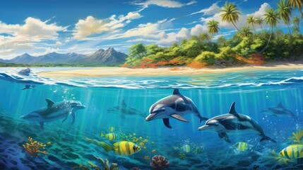 A playful pod of dolphins leaping and frolicking in the crystal-clear waters of a tropical reef, their sleek bodies shimmering in the sunlight.