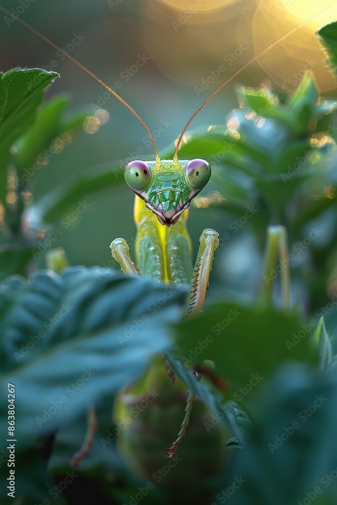 Wall mural Among the leaves, a praying mantis blends in perfectly, sitting in stillness and alertness. Its long limbs and keen eyes are ready to snatch any unsuspecting prey. - Wall murals