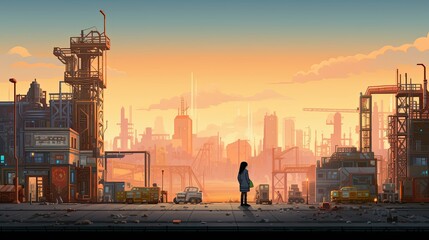 A retro pixel art illustration of a determined female engineer operating a crane amidst the pixelated backdrop of a construction zone.