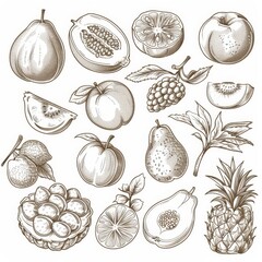 Farm, garden, and tropical fruit modern sketches. Isolated ripe apple, banana, pomegranate, plum, kiwi, peach, mango, watermelon, orange, pear, grape, pineapple.