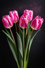 Obraz premium A beautiful bouquet of spring, pink tulips on a black background, floral celebration, fresh flowering, wallpaper, background, screensaver, holiday, print. Vertical picture. High quality photos.