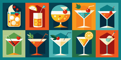 A collection of various cocktails served in martini glasses. A visually appealing collage featuring various cocktails served in martini glasses, conveying a sense of artistry and creativity