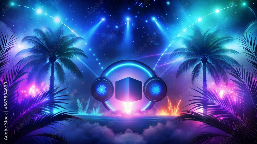 Wall mural abstract background of the space with neon lights and a wave of stars and a palm trees.