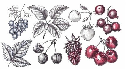 Fruits of the garden and fruits of the wild. Bunch of grapes, cherries and strawberries, blueberries, blackcurrants and raspberries, blackberries hand drawn in the modern style. Farm ripe berries