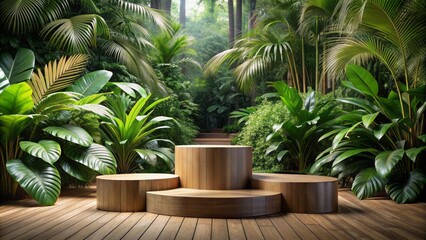 Fototapeta premium Elegant wooden podium stands amidst lush tropical greenery, perfect for showcasing products in a natural, exotic, and sophisticated setting.