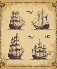 Embossed sea vessels on ancient torn brown papyrus. Engraving retro schooner, corvette, brig, galleon, and caravel of pirate map.