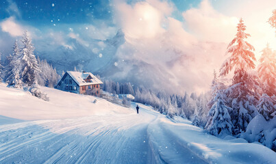 Fototapeta premium A snowy scene featuring a house and trees.