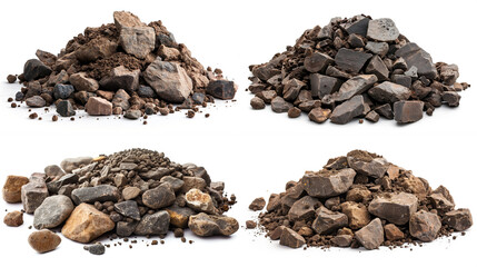 side view on set of pile of rocks covered in dirt isolated on white background