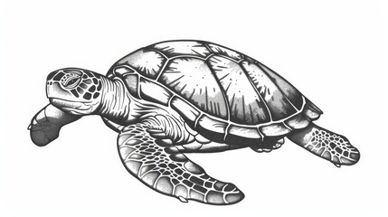 Fototapeta premium Ocean turtle in tropical habitat, Ocean pet in aquarium, monochrome sketch icon. A modern turtle carapace with flippers, cartoon character. An endangered loggerhead sea turtle, a marine animal in