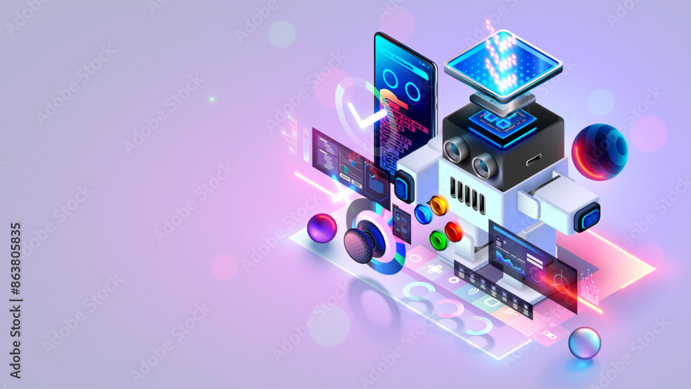 Aufkleber Stem education for kids. Toy robot controlled at phone. Robotics for kids. Stem technology, coding, engineering for kids. Kids assembled robot toy controlled at phone app on online STEM lessons.