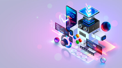 Stem education for kids. Toy robot controlled at phone. Robotics for kids. Stem technology, coding, engineering for kids. Kids assembled robot toy controlled at phone app on online STEM lessons.