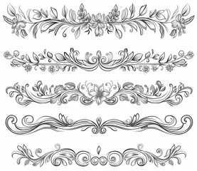 Fototapeta premium We design wedding invitation card dividers, delimiters, flourish vignettes or separators for RSVP engagement design elements. We custom design wedding floral parenthesis borders and outline arrow