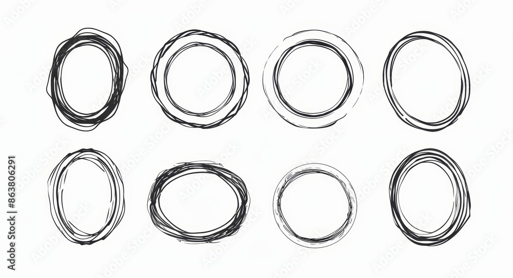 Poster an isolated set of modern scribble ovals, bubbles and elongated circular forms. handwriting outline 