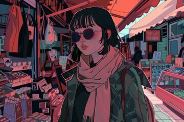 retro girl dancing under a neon-lit cityscape with a skyline of skyscrapers, cozy vibe, Generative AI