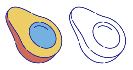 Thin line stroked color icon. Avocado fruit cut in half with seed in middle. Exotic avocado  fruit. Simple vector isolated on white background