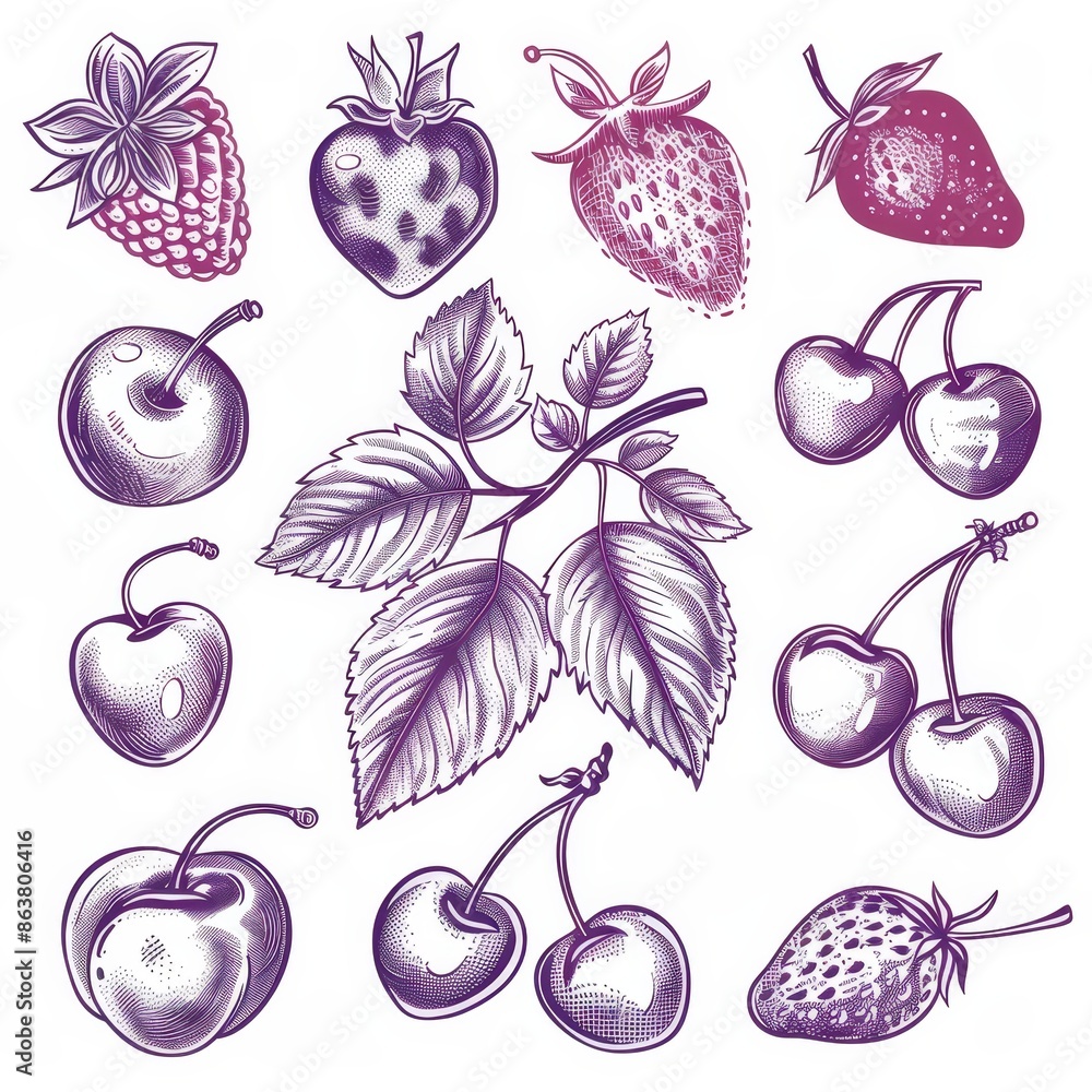 Sticker modern blackberry and blueberry sketches, black currant or redcurrant, cherry and raspberry sketches - Stickers