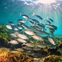 flock of young small school fish under water background ocean